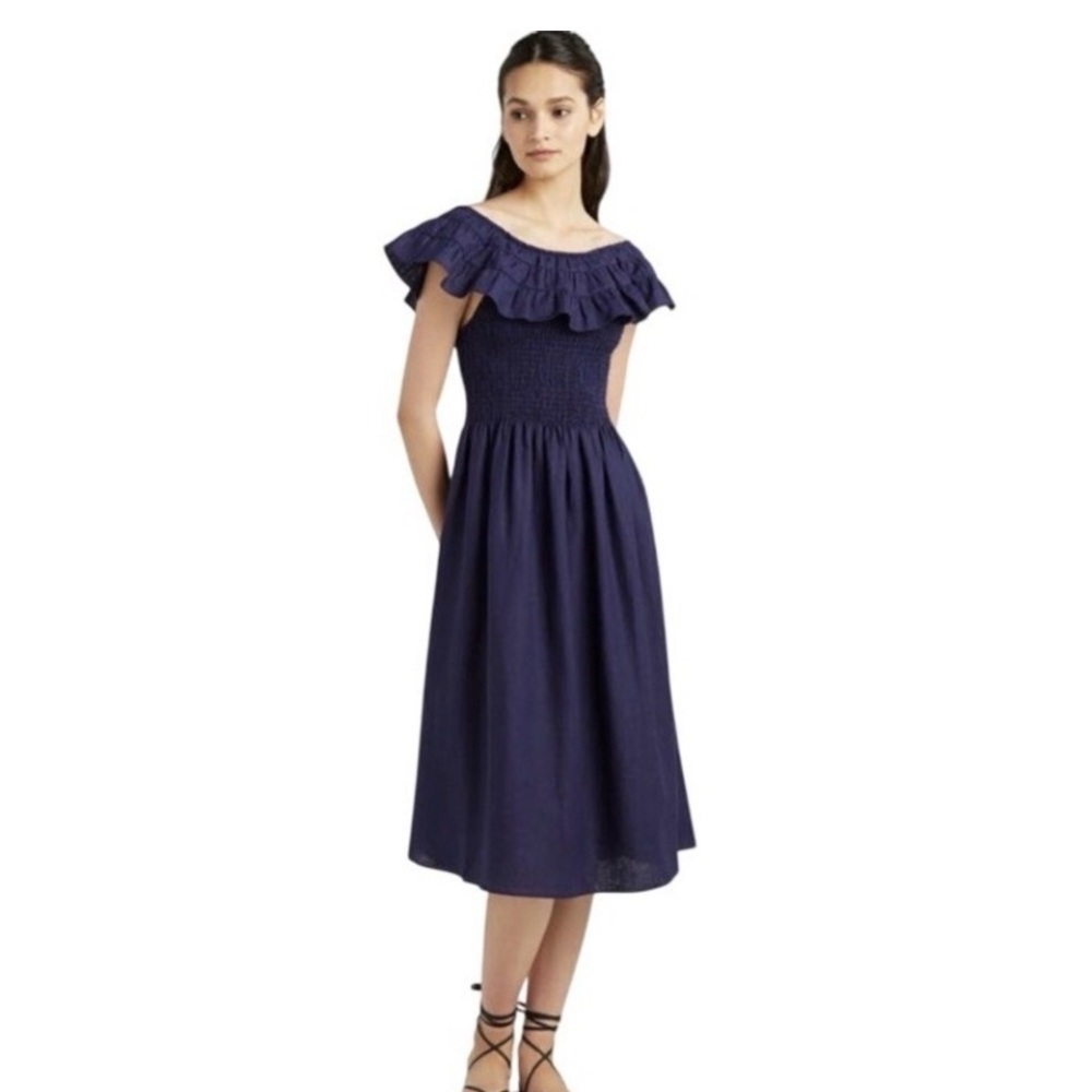 Hill House The Nap Dress Akilah Smocked Navy Blue Linen Size Medium
